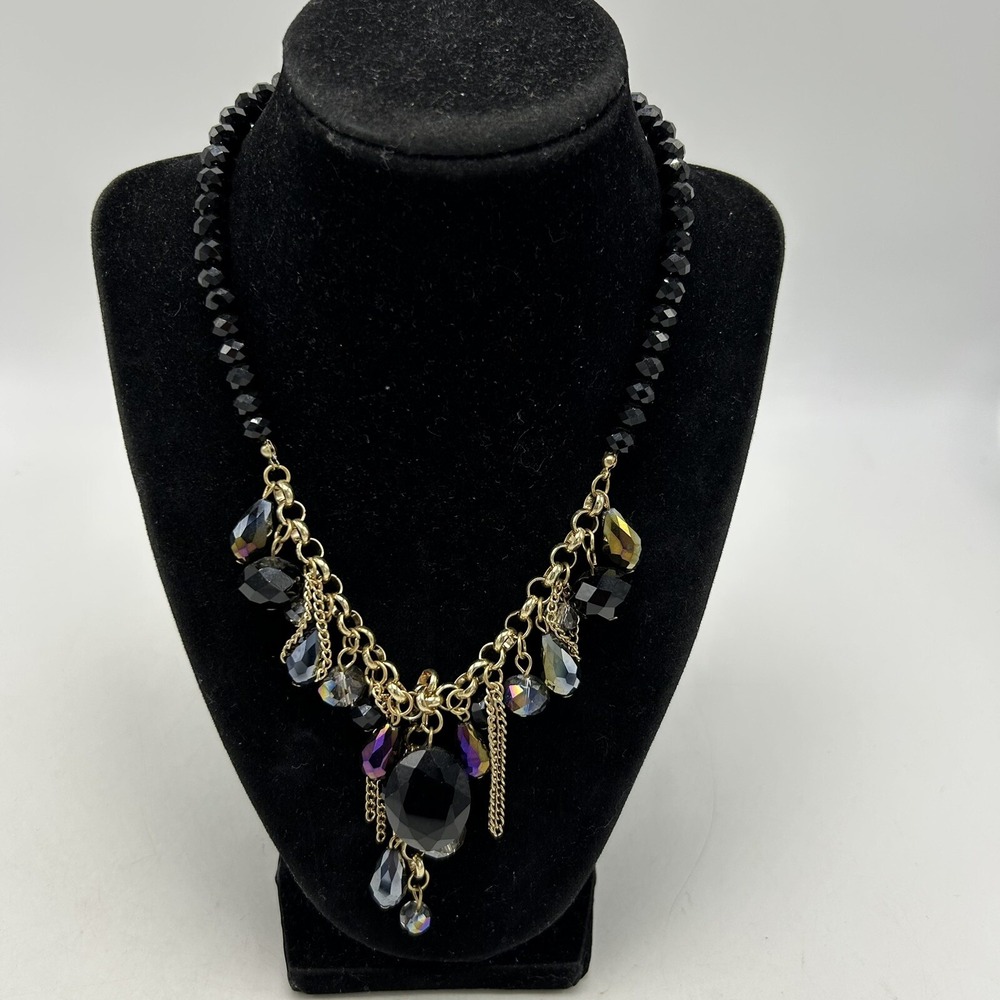 Statement Necklace Gold Tone Bib Black Glass Crystal Beads 16"-20" Chain Dangle